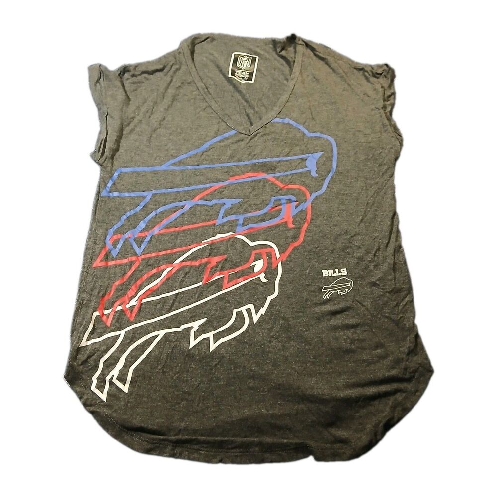 NFL Team Apparel Buffalo Bills V Neck T Shirt Grey Womens Large Logo